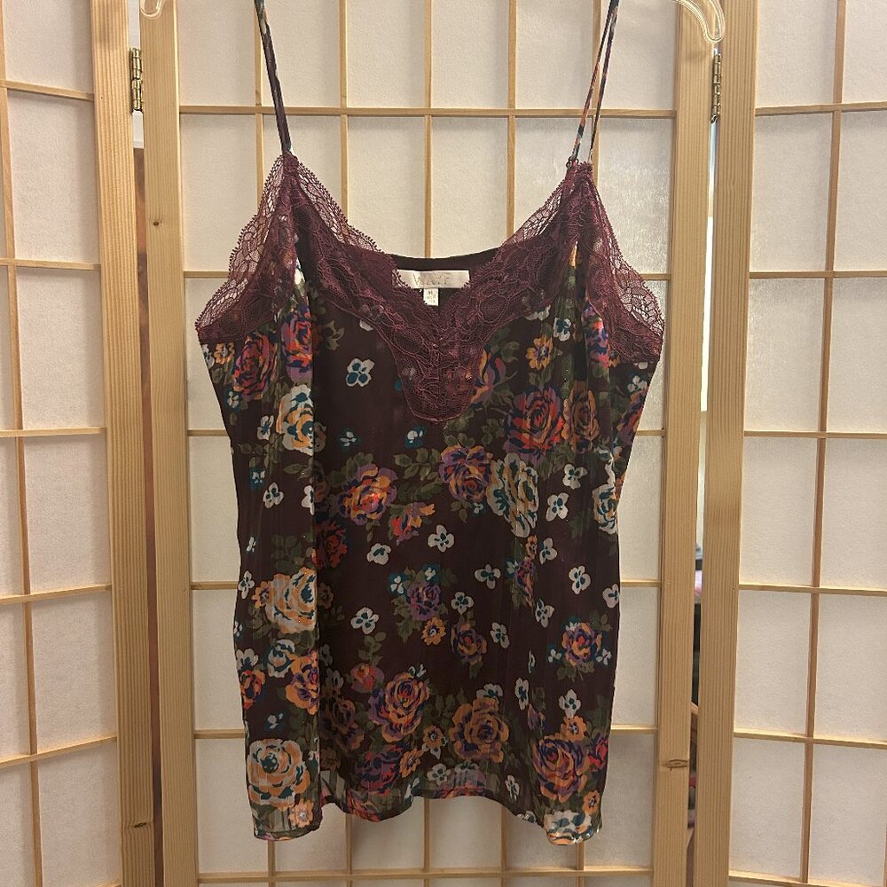 Wayf Lace Trimmed Floral Camisole Tank Burgundy Wine, gold metallic trim Size M